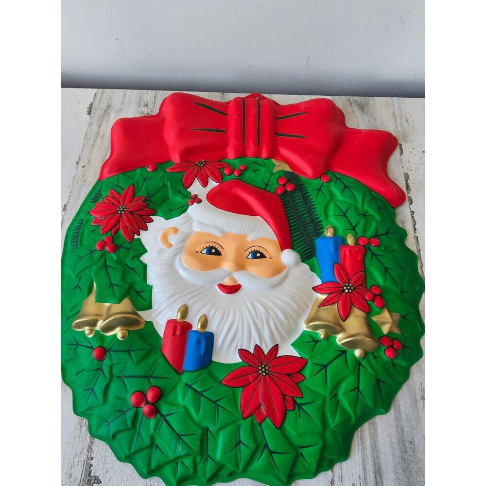 Vintage celluloid Santa hanging‎ wreath bell molded poinsettia Xmas decor